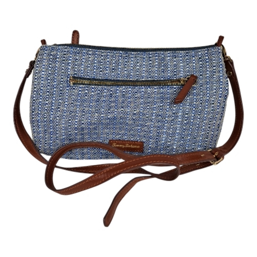 Tommy Bahama Blue Woven Crossbody Bag with Brown Leather Strap